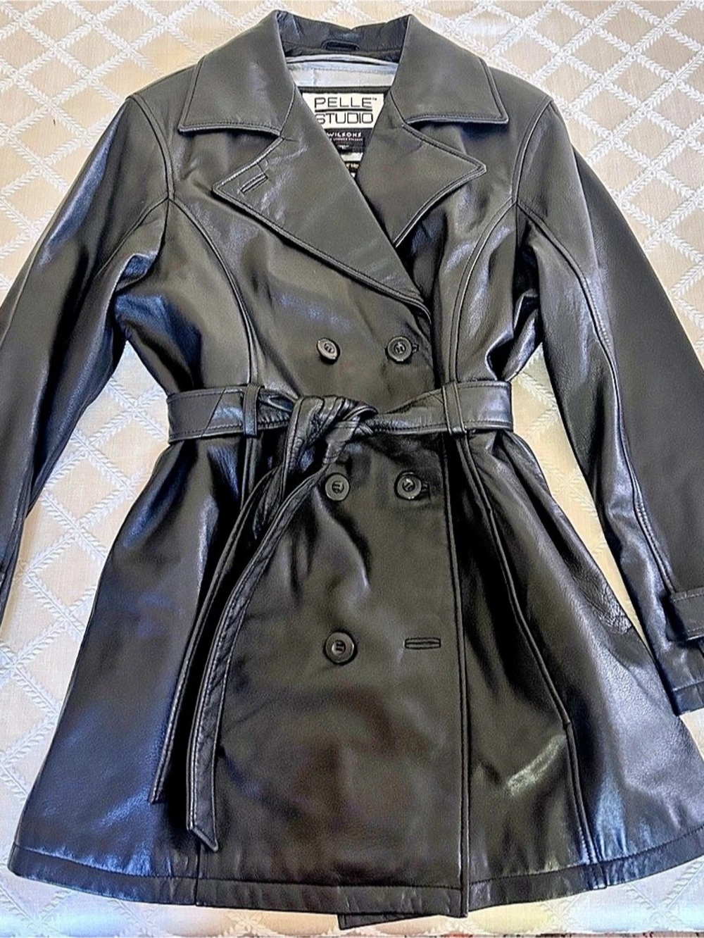 Pelle Studio Black Belted Leather-Style Coat excellent condition